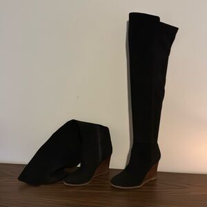 Thigh high suede black wedges